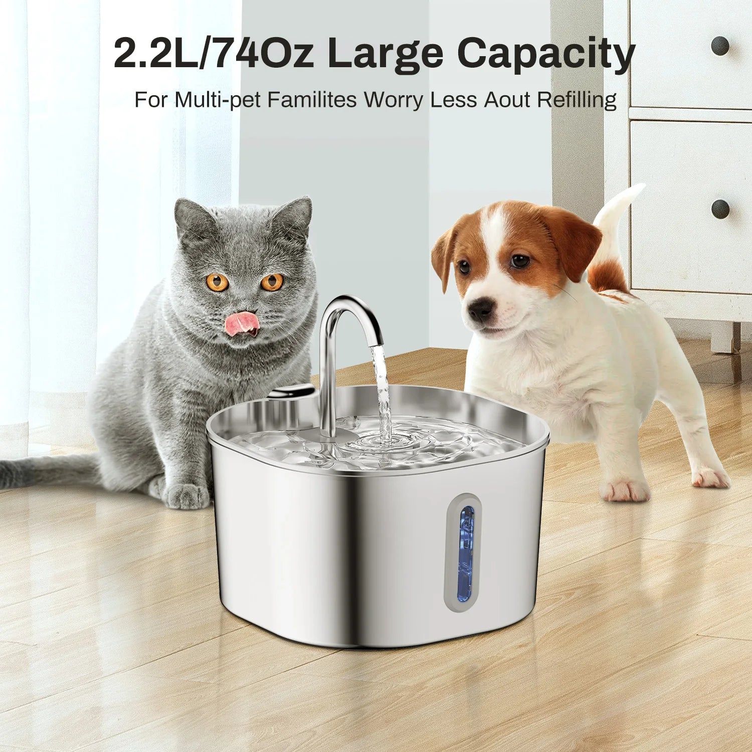 Furzori PureFlow 2.2L stainless steel pet fountain - product detail